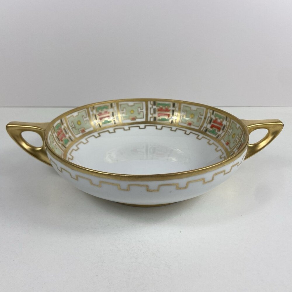 Antique Handpainted 7.25” Serving Bowl Art Deco Porcelain Gold Geometric